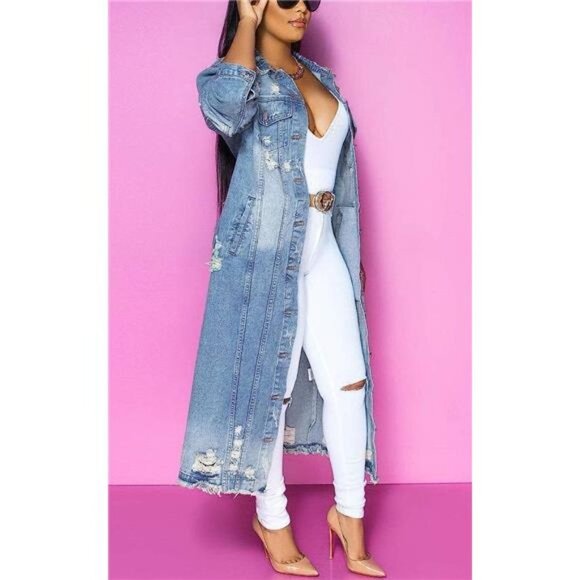 Light Wash Distressed Denim Maxi Jacket Long Jean Trench Coat Midi Jacket - Picture 2 of 5